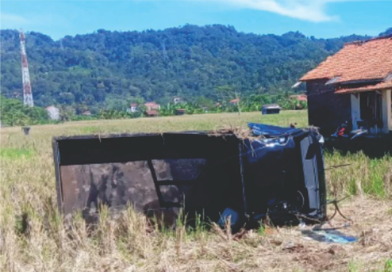 Mobil Mitsubishi Pickup yang Dikemudikan Opan Terjun Bebas ke Sawah