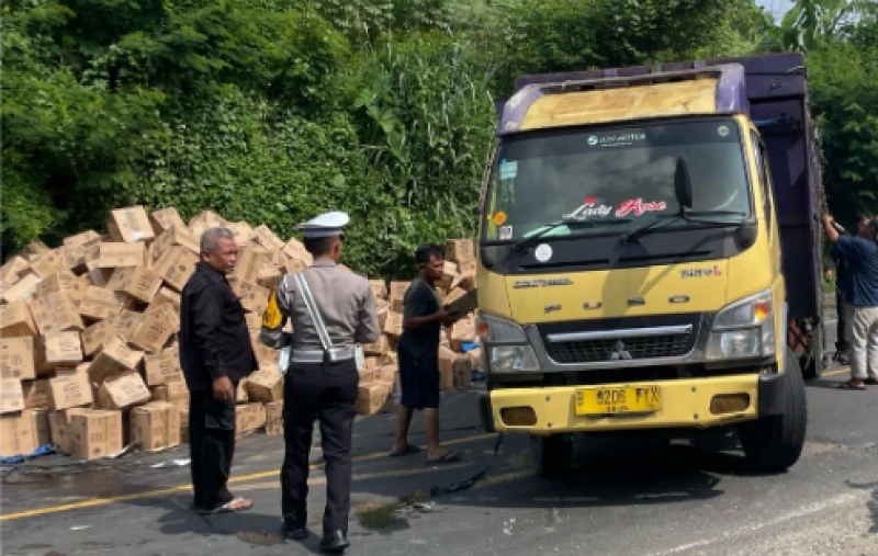 Truk Colt Diesel Muatan Bumbu Kemasan Terguling di Jalan Nasional Sukabumi - Bogor